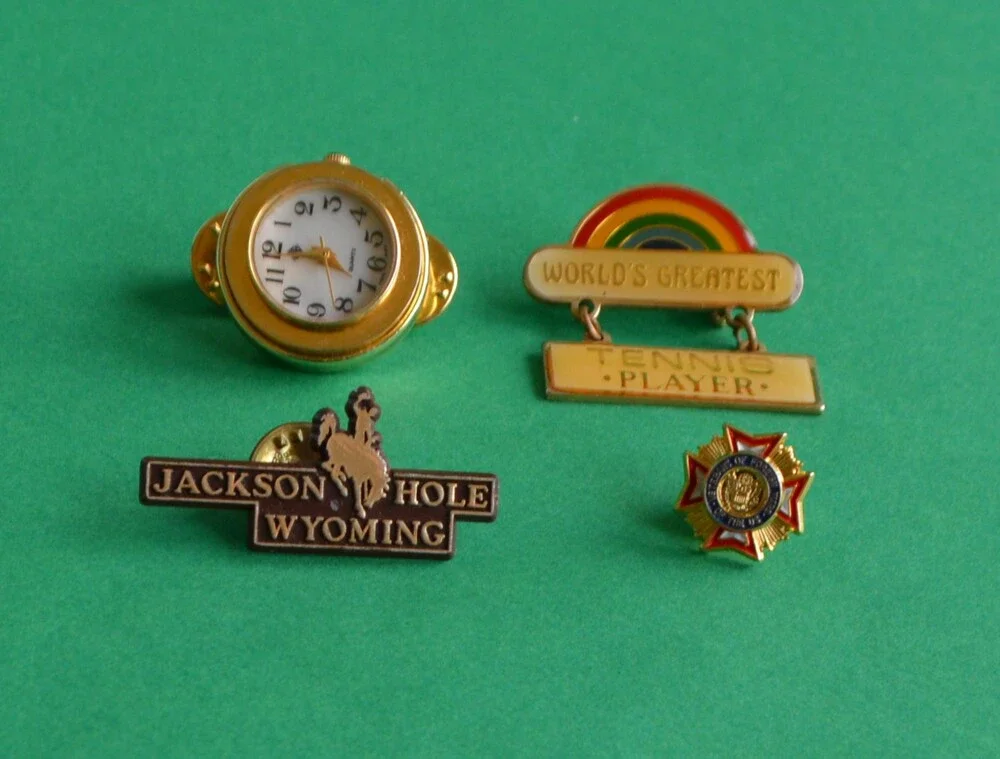 Set of 4 Lapel Pins-Tennis Player, Jackson Hole, US Air Force, Miniature Watch